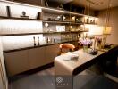 Modern office space with decorative shelves and desk