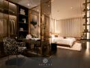 Luxury bedroom with desk and wardrobe