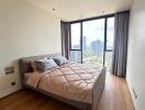 Modern bedroom with large window and city view