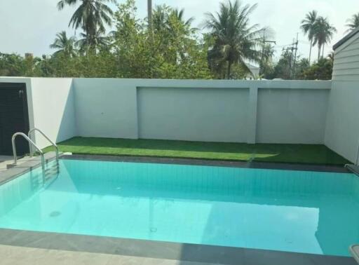 Outdoor swimming pool with grassy area