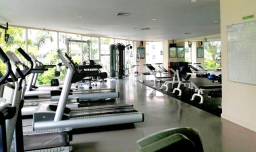 Gym with modern equipment and large windows for natural light