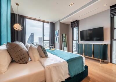 Spacious modern bedroom with city view