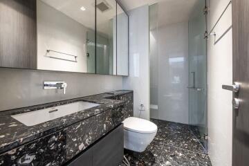 Modern bathroom with black marble countertop and glass shower