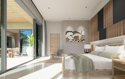 Modern bedroom with large sliding glass doors and balcony