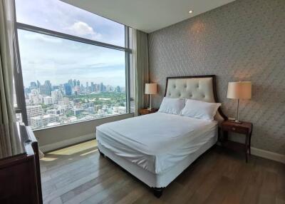 Bedroom with large window and city view