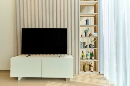 Modern living room with TV and built-in shelving