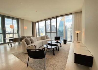 Modern living room with city skyline view