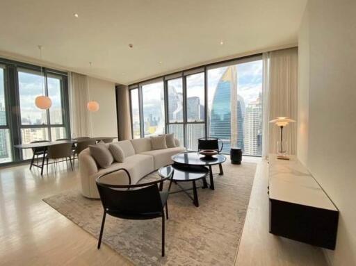 Modern living room with city skyline view