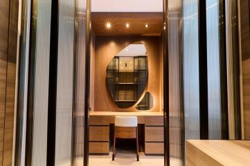 Modern bedroom with vanity desk and mirror