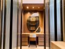 Modern bedroom with vanity desk and mirror