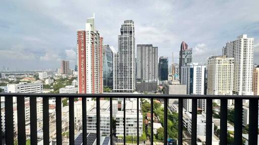 View of city skyline from balcony