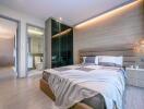 modern bedroom with ensuite bathroom