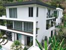 Modern white multi-story house with large windows and balconies, surrounded by lush vegetation