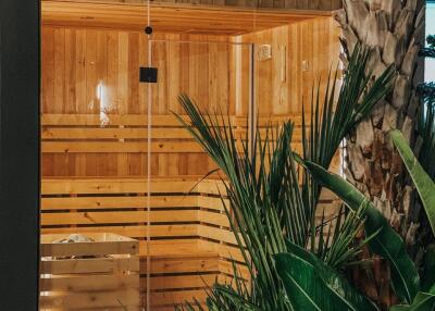 Luxurious sauna surrounded by greenery