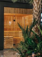 Luxurious sauna surrounded by greenery