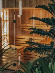 Luxury home sauna with glass door and wooden benches