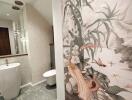 Luxurious bathroom with artistic wall design