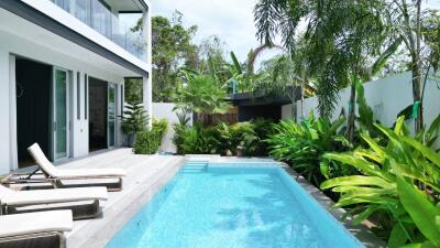 Luxurious backyard with pool and lounge chairs