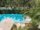 Aerial view of a backyard pool surrounded by lush greenery