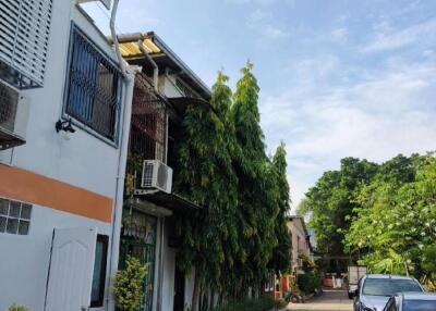 Street view of residential buildings with parked cars