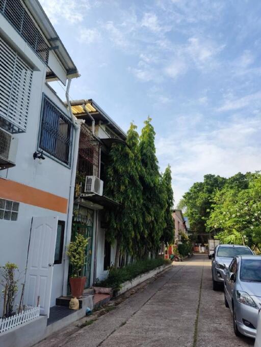 Street view of residential buildings with parked cars