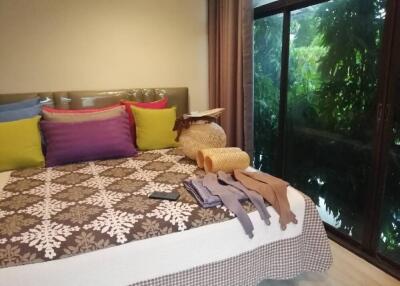 Bedroom with colorful pillows and large window