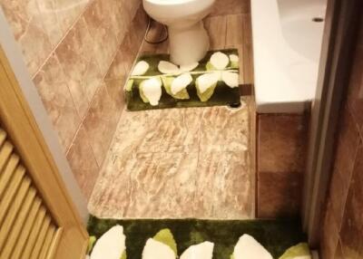 Bathroom with green floral rugs