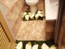 Bathroom with green floral rugs