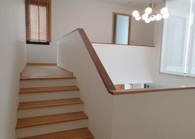 Modern wooden staircase with handrail in a bright interior