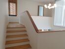 Modern wooden staircase with handrail in a bright interior