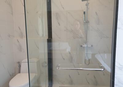 Bathroom with glass shower enclosure and toilet