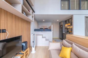 Modern living area with loft bed and open kitchen