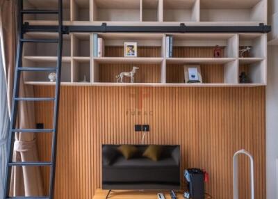 Modern living room with loft shelves, TV, and ladder