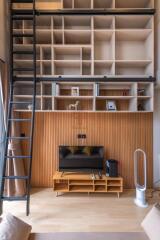 Modern living room with loft shelves, TV, and ladder