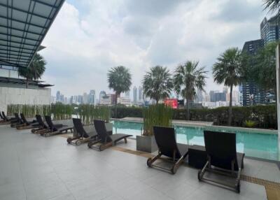 Outdoor swimming pool area with city skyline view