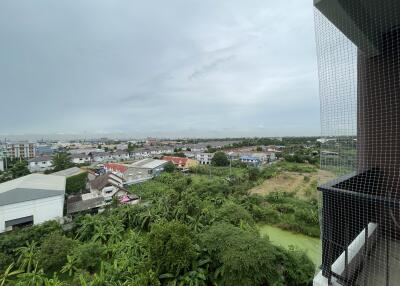 Scenic view of suburban area from balcony with safety net
