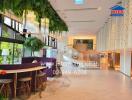 Stylish modern lobby with seating area and greenery