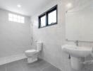 modern bathroom with grey tiles and fixtures