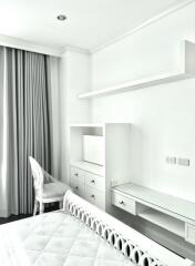 Modern bedroom with minimalist furniture in white theme