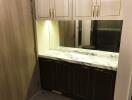 Modern bathroom vanity area with marble countertop