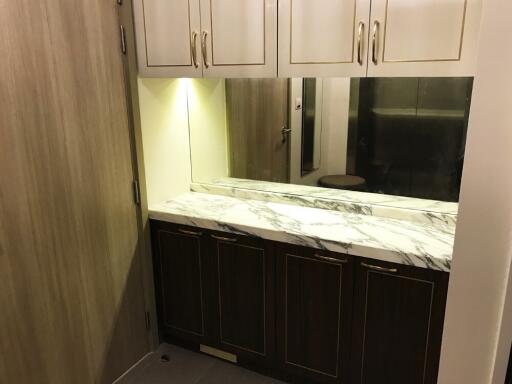 Modern bathroom vanity area with marble countertop