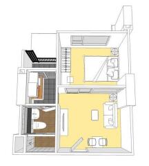 3D rendering of a two-room apartment layout