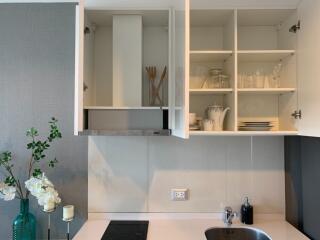 Modern kitchen with open cabinets showcasing utensils and dishware