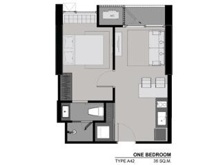 One bedroom apartment floor plan with living space, kitchen, bathroom, and separate bedroom