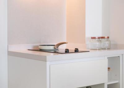 Modern Kitchen Area with Stove and Storage