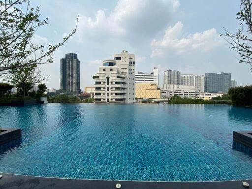 Outdoor pool with city skyline view