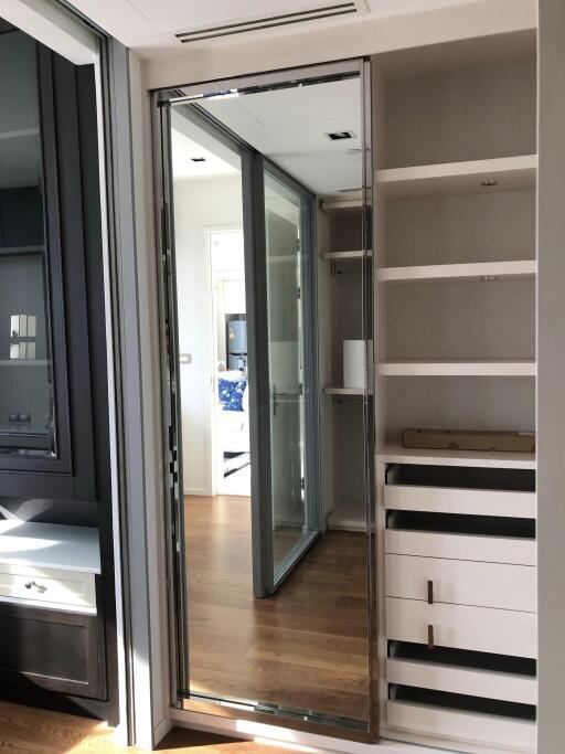 Walk-in closet with built-in shelving and drawers