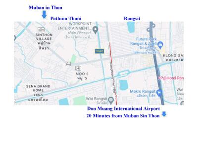 Map showing location highlights near Muban in Thon, Pathum Thani, and Rangsit