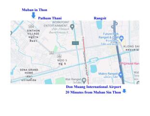 Map showing location highlights near Muban in Thon, Pathum Thani, and Rangsit