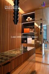 Contemporary hallway with wooden panels and glass shelving